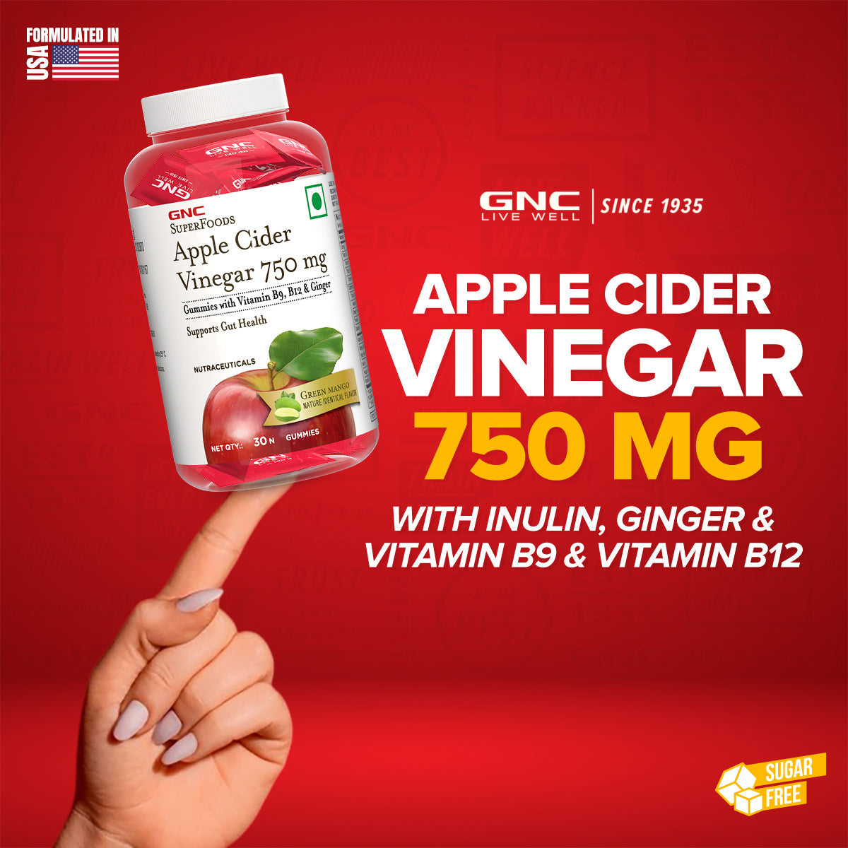 GNC Apple Cider Vinegar - 750 mg with Inulin, Ginger & Vitamin B9 & Vitamin B12