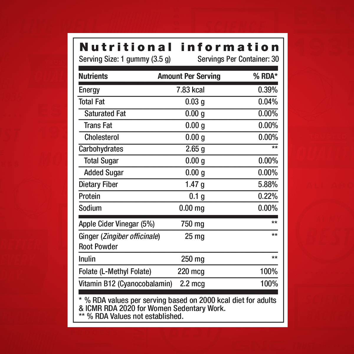 GNC Apple Cider Vinegar - 750 mg with Inulin, Ginger & Vitamin B9 & Vitamin B12