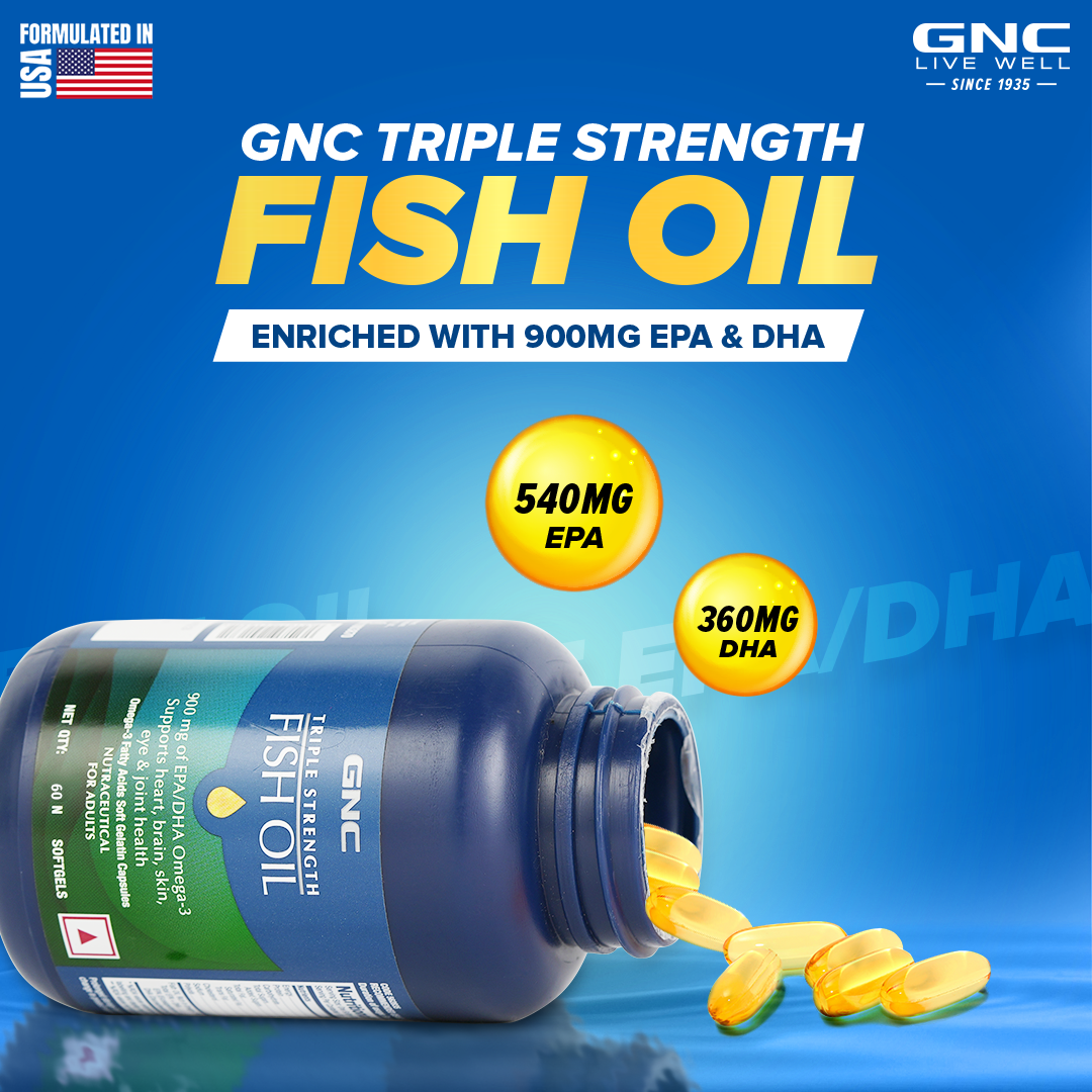 GNC Triple Strength Fish Oil -  Omega 3 Capsules | For Healthy Cholesterol Levels, Improved Focus, Healthy Vision & Joint Comfort - 60 Softgels