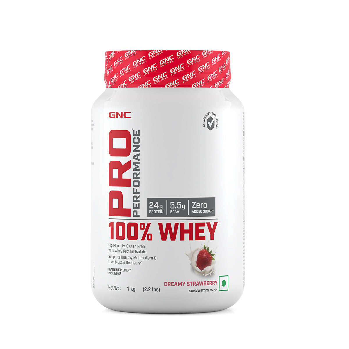 GNC Pro Performance 100% Whey Protein - 2.2 lbs - 1 kg - Strawberry - Faster Recovery & Lean Muscle Gains | Informed Choice Certified