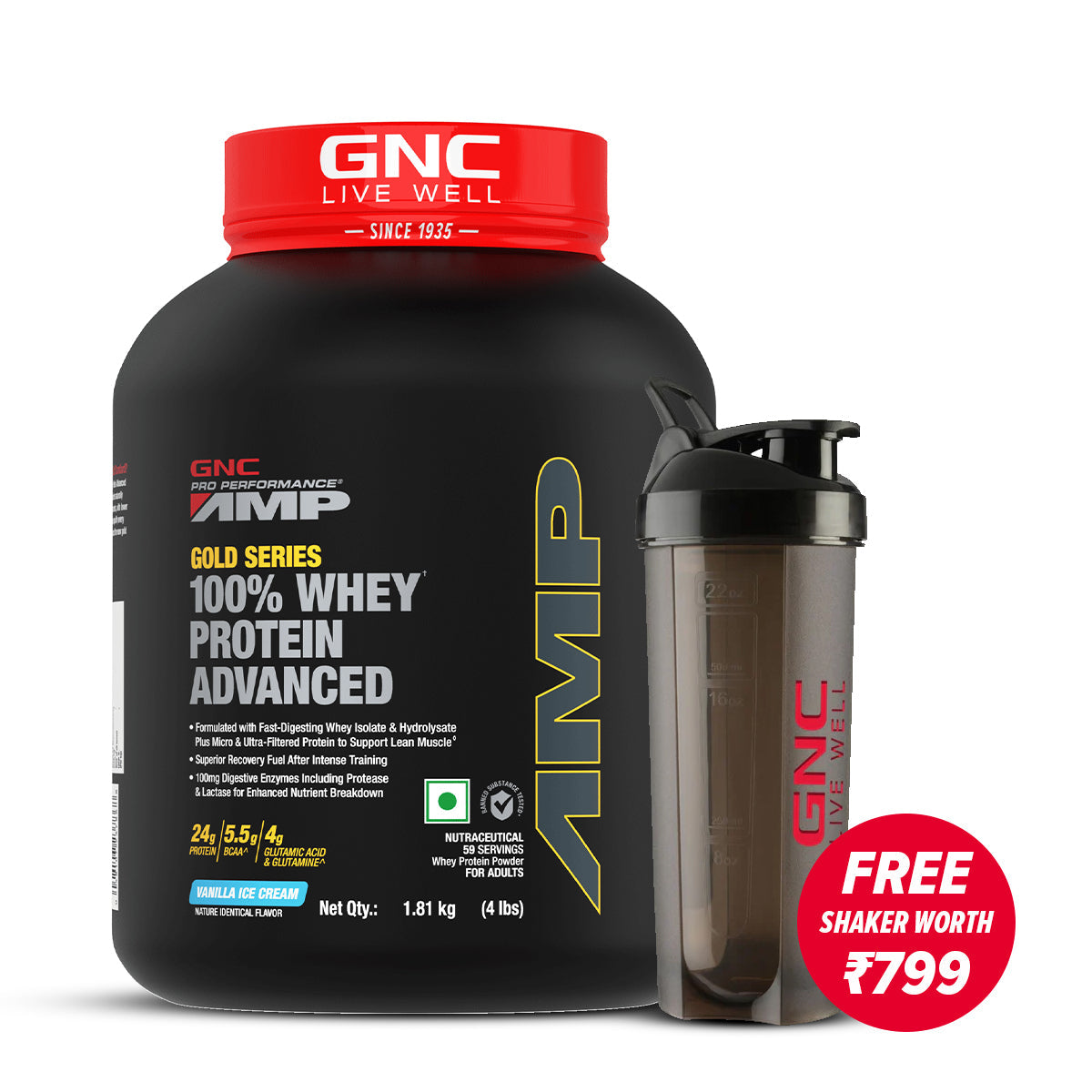 GNC AMP Gold Series 100% Whey Protein Advanced - Boosts Muscle Gains, Recovery & Workout Performance | Informed Choice Certified