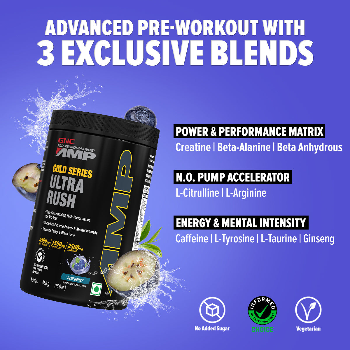 GNC AMP Gold Series Ultra Rush - Extreme Energy, Powerful Pump & Deep Focus  - Blue Raspberry