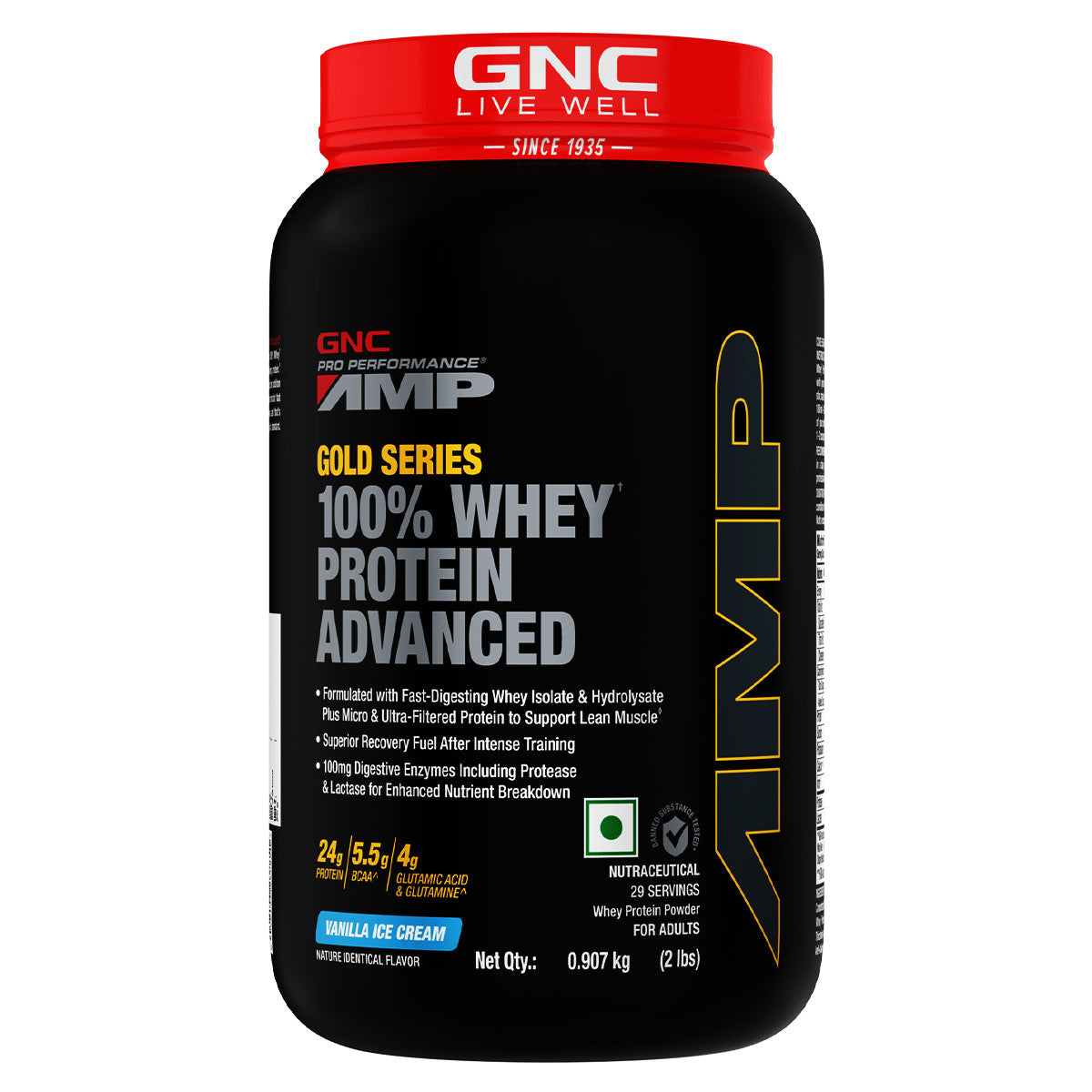 GNC AMP Gold Series 100% Whey Protein Advanced - Boosts Muscle Gains, Recovery & Workout Performance | Informed Choice Certified