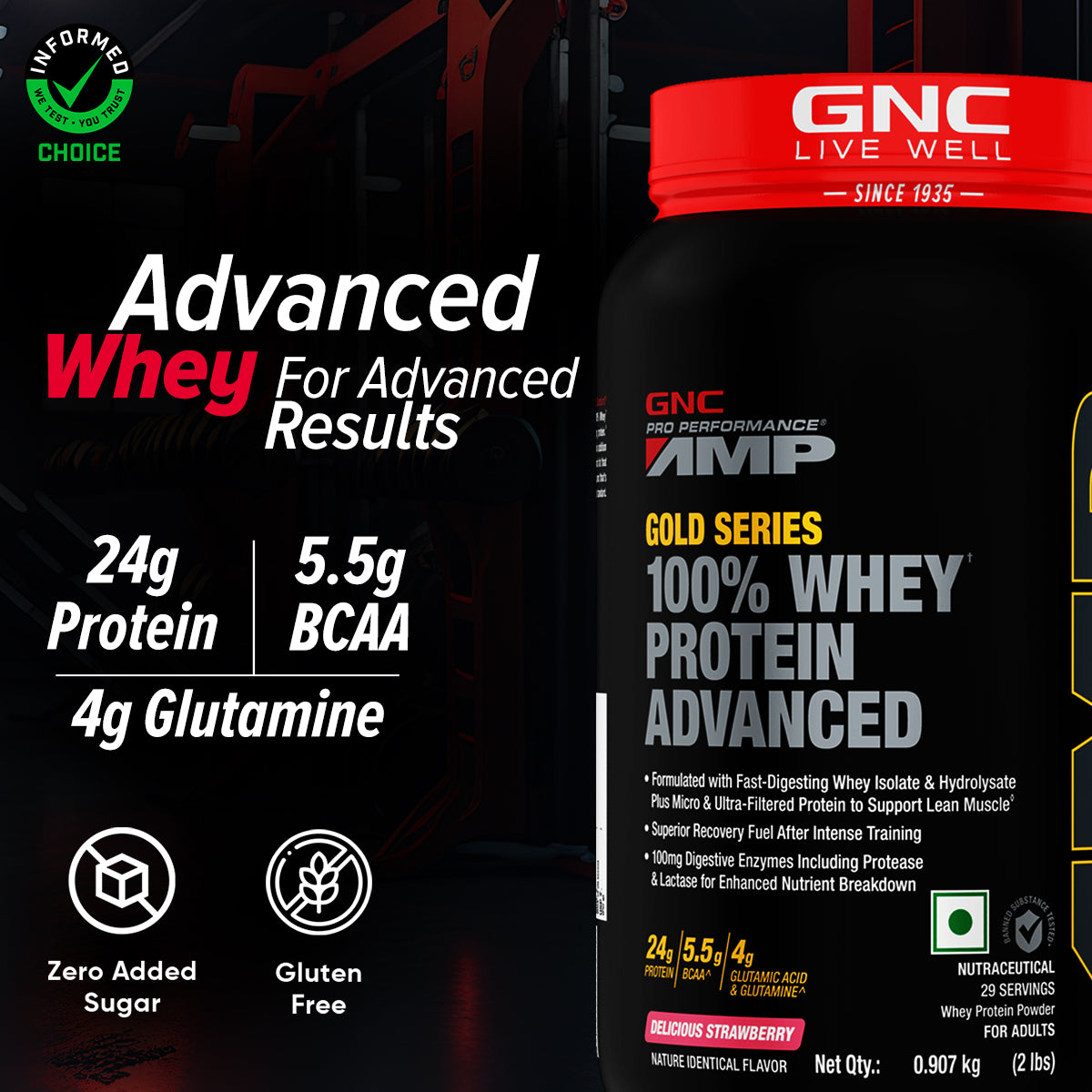 GNC AMP Gold Series 100% Whey Protein Advanced - Boosts Muscle Gains, Recovery & Workout Performance | Informed Choice Certified