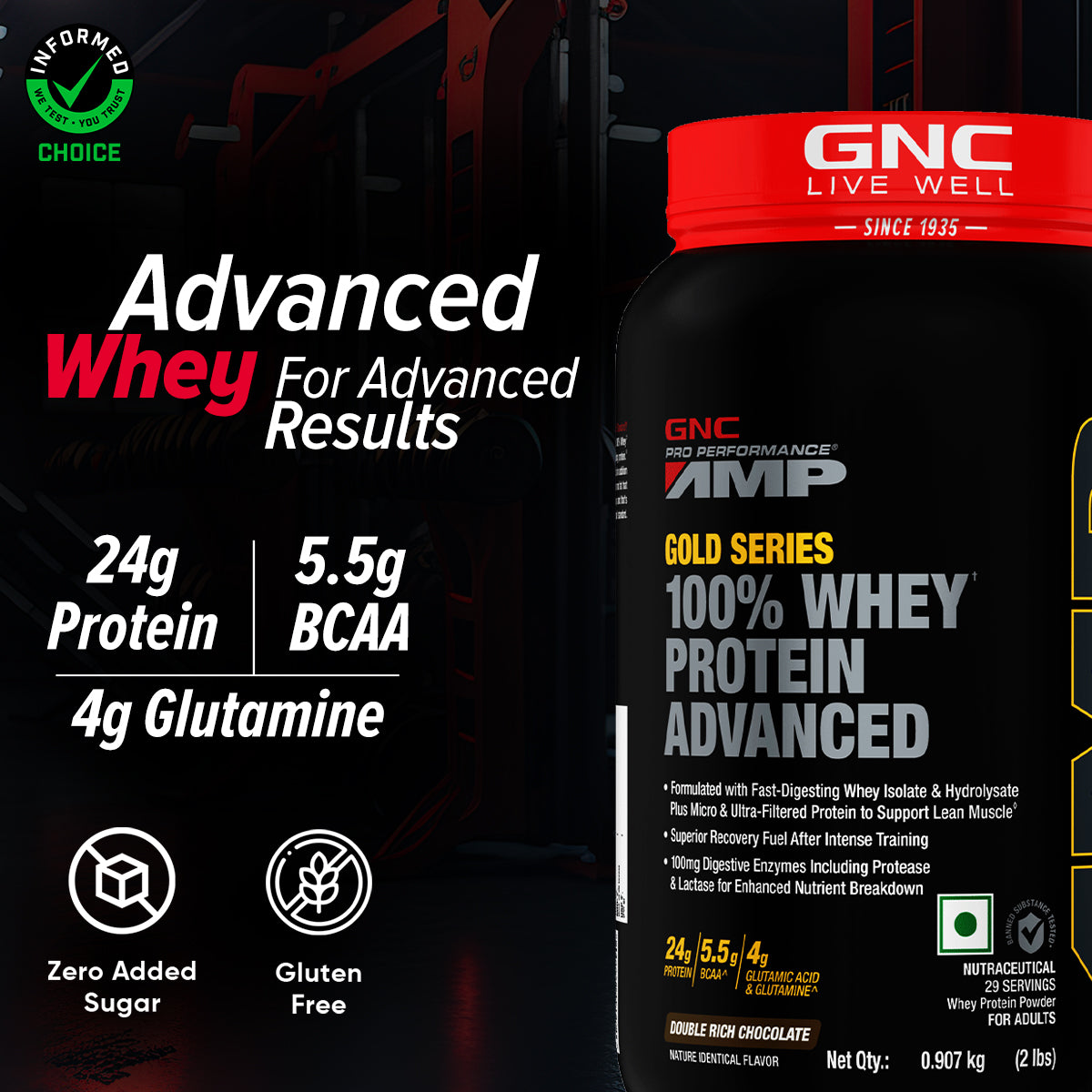 GNC AMP Gold Series 100% Whey Protein Advanced - Boosts Muscle Gains, Recovery & Workout Performance | Informed Choice Certified