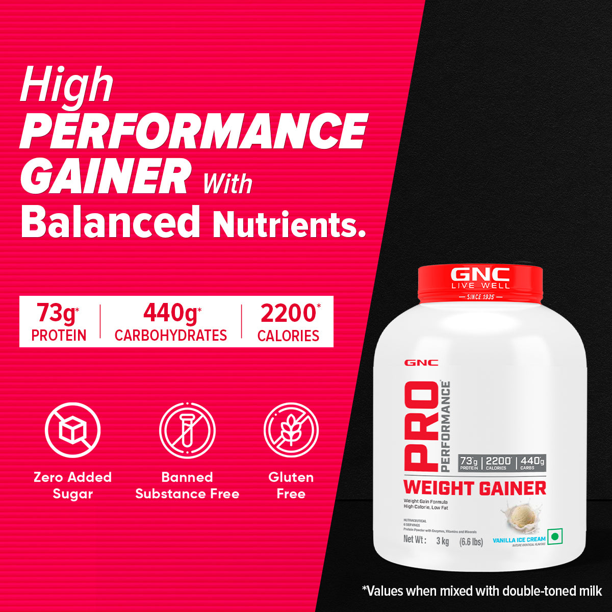 GNC Pro Performance Weight Gainer With Creatine - High-Calorie, Low-Fat Formula For Healthy Body Gains- 3 KG - Double Chocolate