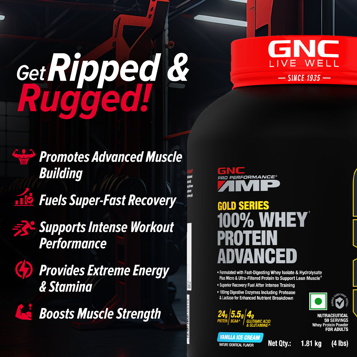 GNC AMP Gold Series 100% Whey Protein Advanced - Boosts Muscle Gains, Recovery & Workout Performance | Informed Choice Certified