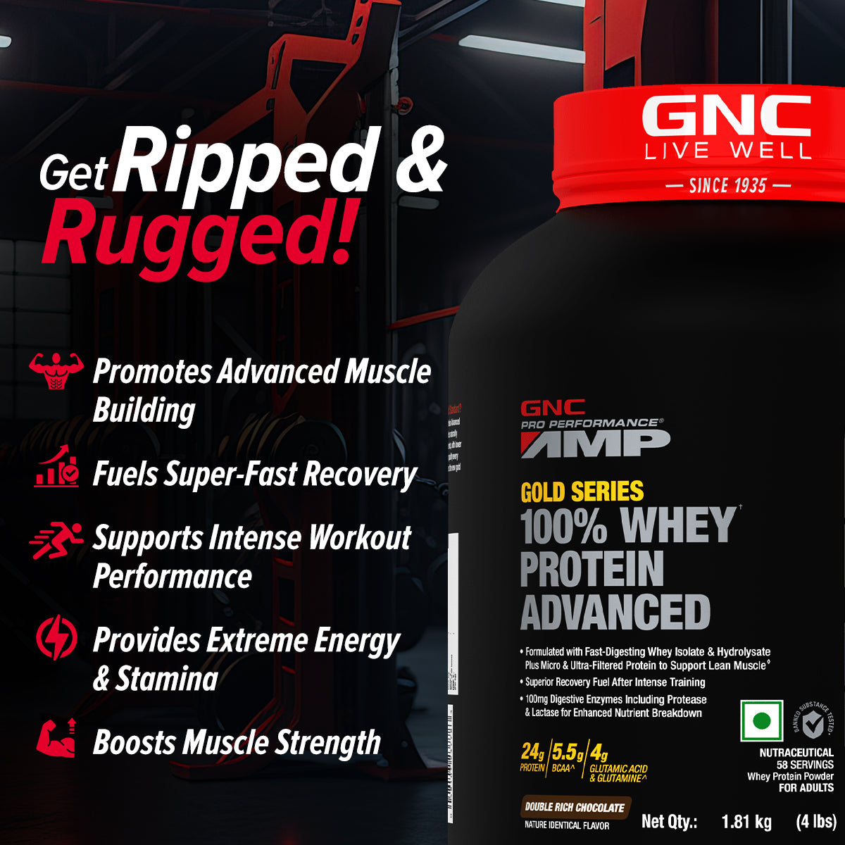 GNC AMP Gold Series 100% Whey Protein Advanced - Boosts Muscle Gains, Recovery & Workout Performance | Informed Choice Certified