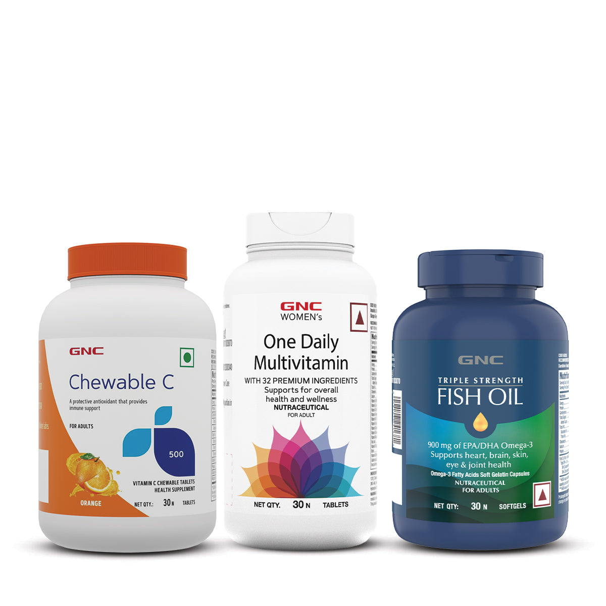 GNC Vitamin C Chewable Tablets + Triple Strength Fish Oil Omega 3 Capsules for Men & Women + Women's One Daily Multivitamin for Women - 