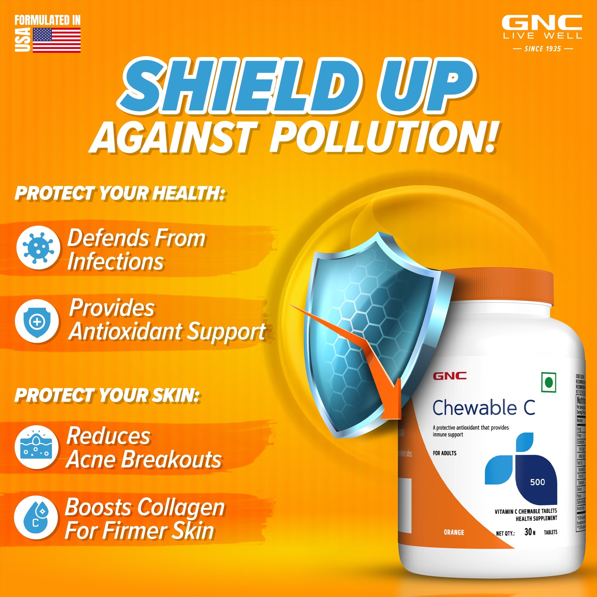 GNC Vitamin C Chewable -  500mg - Boosts Immunity & Protects Against Infections