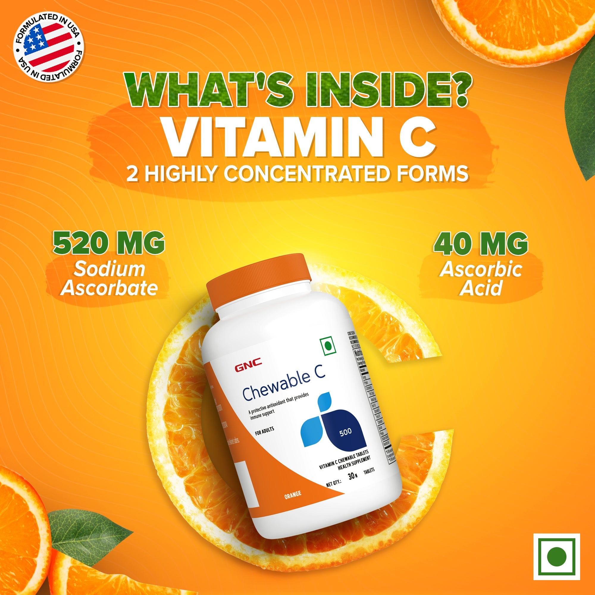 GNC Vitamin C Chewable -  500mg - Boosts Immunity & Protects Against Infections