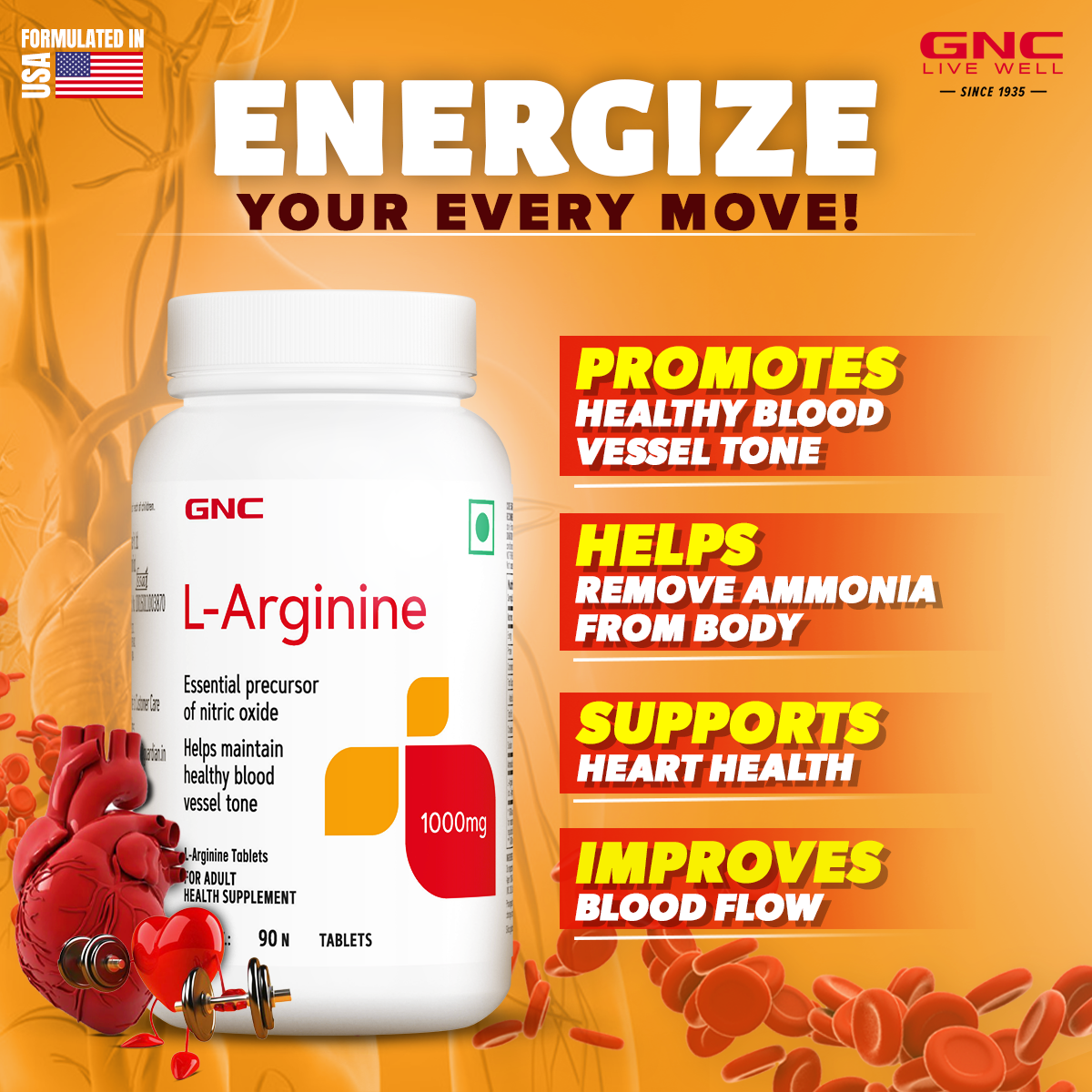 GNC L-Arginine 1000mg - Clearance Sale - Boosts Energy & Endurance | Improves Blood Flow