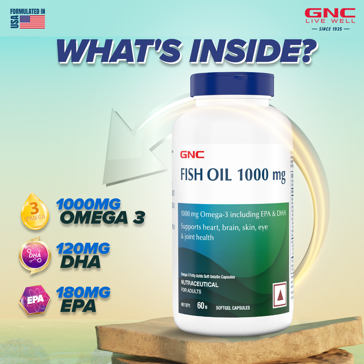 GNC Fish Oil - Omega 3 Capsules - 1000mg - Healthy Vision, Heart, Skin, Brain & Joints