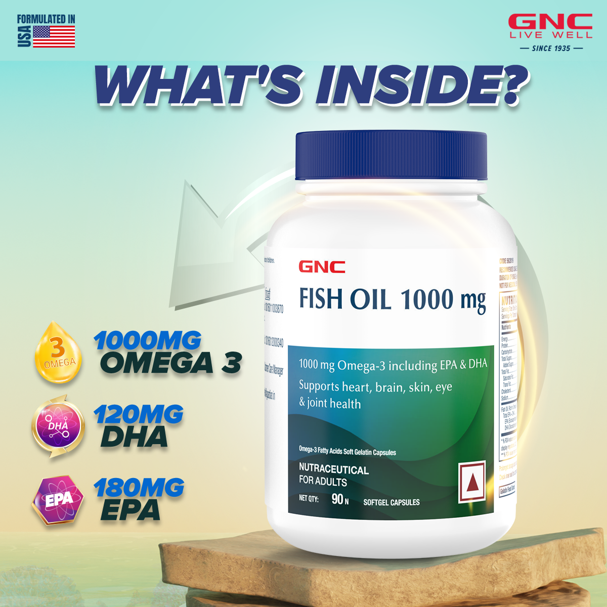 GNC Fish Oil - Omega 3 Capsules - 1000mg - Healthy Vision, Heart, Skin, Brain & Joints