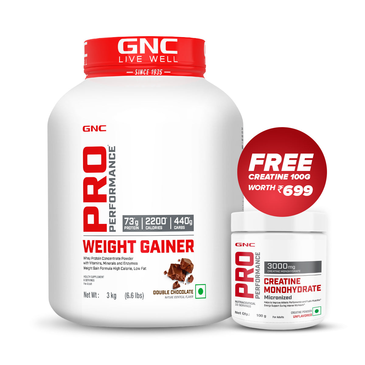 GNC Pro Performance Weight Gainer With Creatine - High-Calorie, Low-Fat Formula For Healthy Body Gains- 3 KG - Double Chocolate