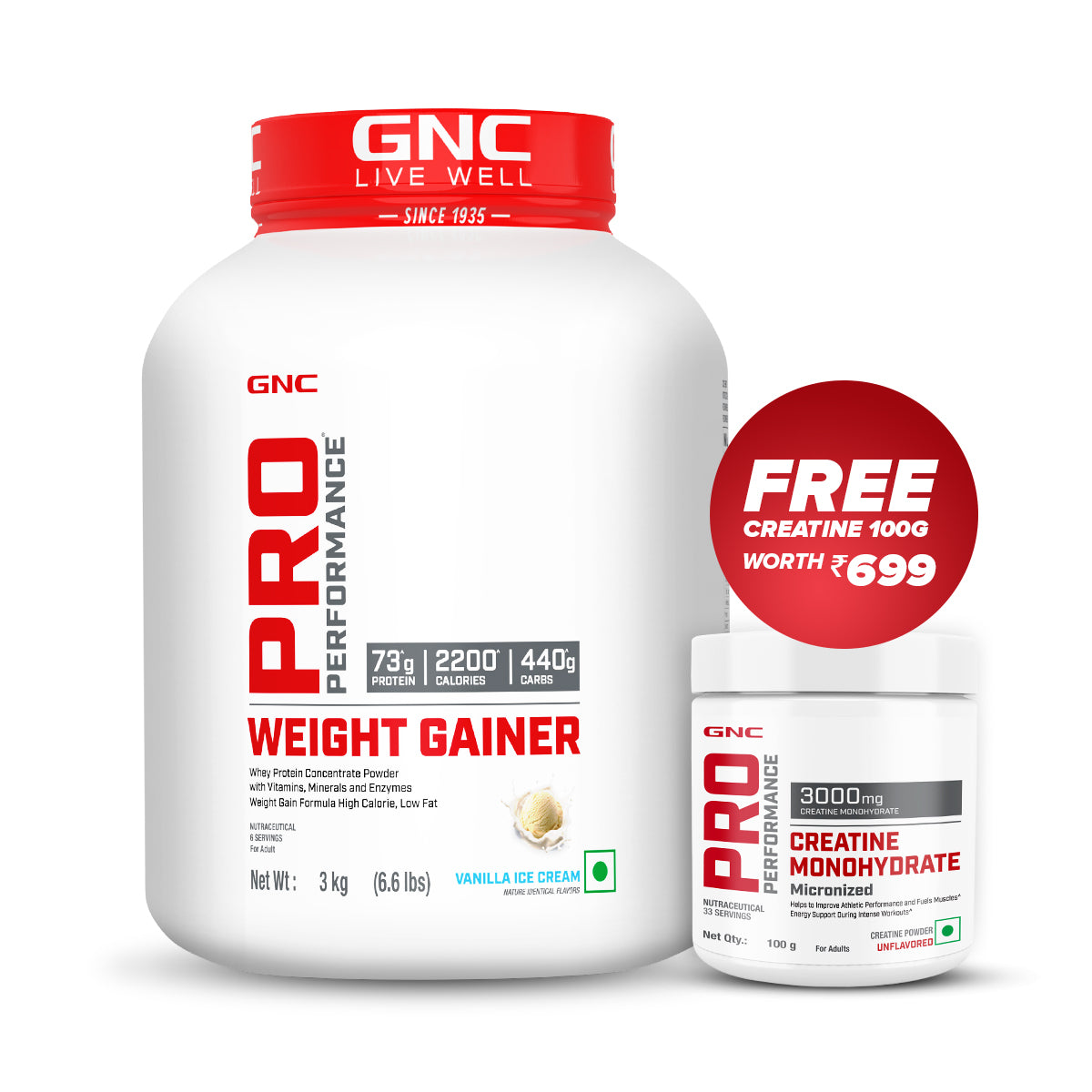 GNC Pro Performance Weight Gainer With Creatine - High-Calorie, Low-Fat Formula For Healthy Body Gains- 3 KG - Double Chocolate