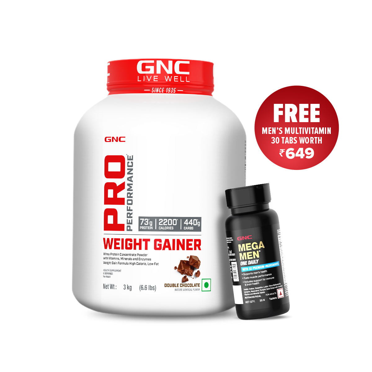 GNC Pro Performance Weight Gainer With Mega Men - High-Calorie, Low-Fat Formula For Healthy Body Gains- 3 KG - Double Chocolate