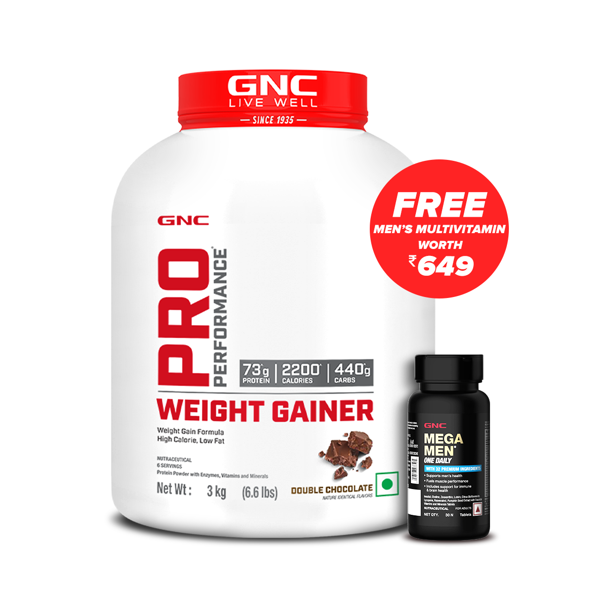 GNC Pro Performance Weight Gainer - High-Calorie, Low-Fat Formula For Healthy Body Gains- 3 KG - Double Chocolate