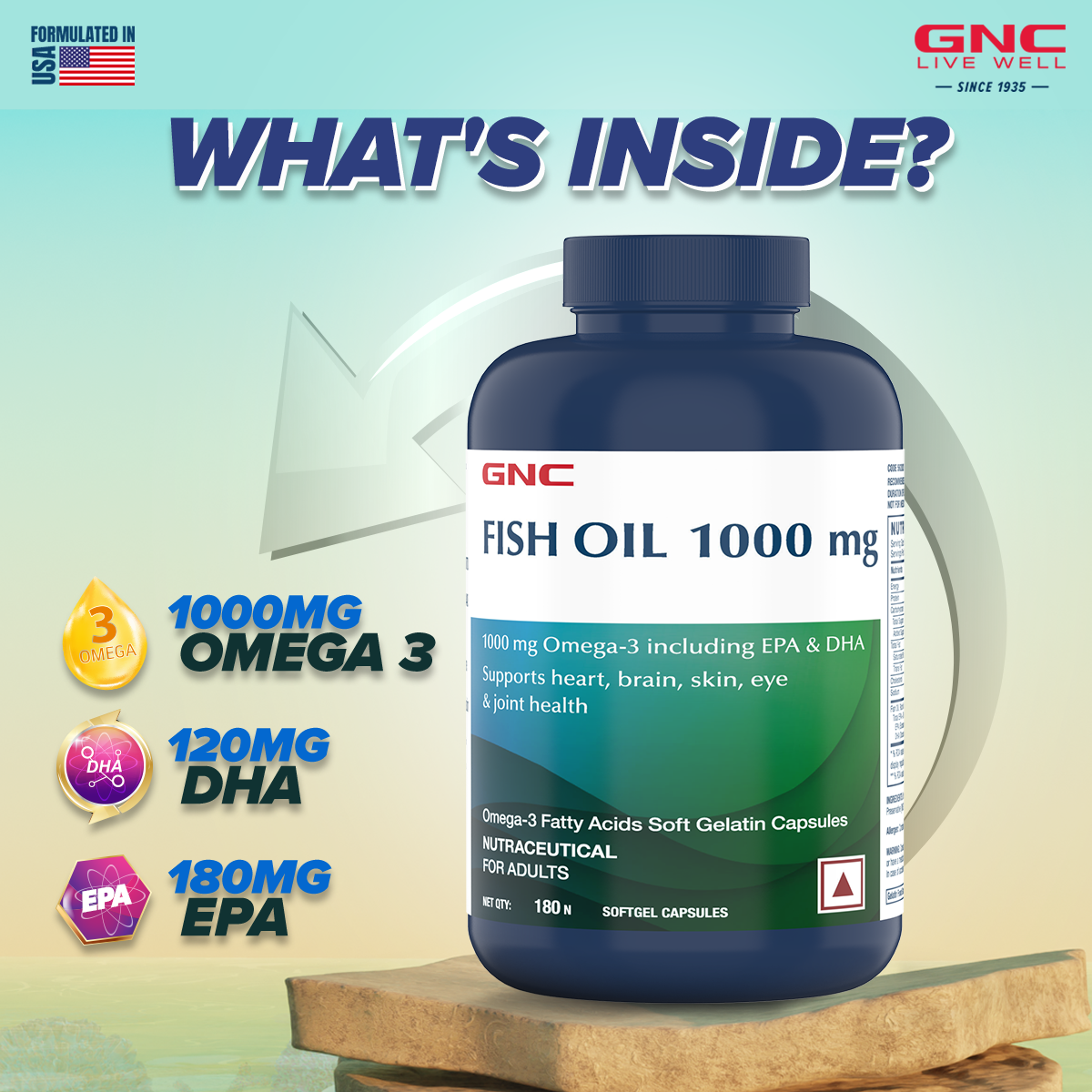 GNC Fish Oil - Omega 3 Capsules - 1000mg - Healthy Vision, Heart, Skin, Brain & Joints