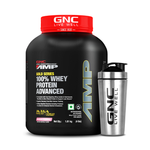 GNC AMP Gold Series 100% Whey Protein Advanced 4 lbs with Shaker - Boosts Muscle Gains, Recovery & Workout Performance | Informed Choice Certified